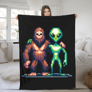 Discover Bigfoot and Alien Friends Pixel Art Fleece Blankets