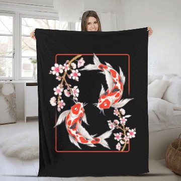 Discover Japanese Koi Carp Fish Cherry Blossom Fleece Blankets
