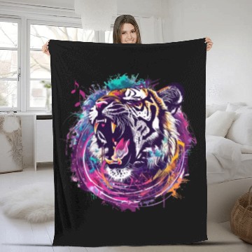 Discover A fierce tiger roaring with musical notes emanatin Fleece Blankets