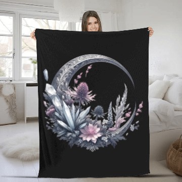 Discover Crescent moon in silver, with crystals and flowers Fleece Blankets