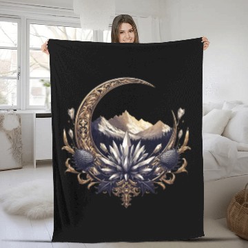 Discover Crescent moon in gold, with crystals and mountains Fleece Blankets