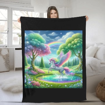 Discover Enchanted Rainbow Unicorn Over Sparkling Pond Fleece Blankets