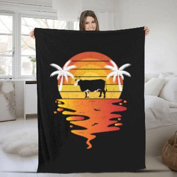 Discover Sunset Cow and Palm Tree Scene Fleece Blankets