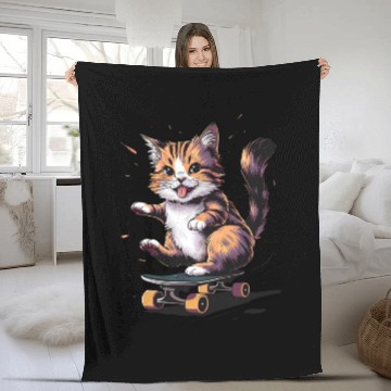 Discover Skateboard Cat Fleece Blankets