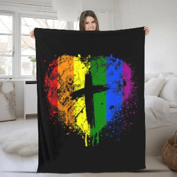 Discover Rainbow Heart with Cross Gay Pride LGBT Christian Fleece Blankets