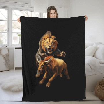 Discover painting of a lion chasing a bull Fleece Blankets