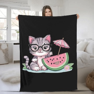 Discover cute kitten an watermelon slice vector illustratio Fleece Blankets