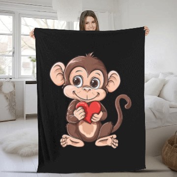 Discover Cute Monkey Holding Red Heart Adorable Animal Fleece Blankets