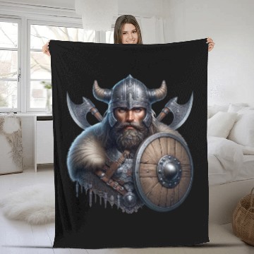 Discover Fierce Viking Warrior with Shield and Axes Fleece Blankets