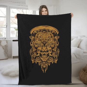 Discover Golden Angry Tiger Tora Skull Tattoo Fleece Blankets