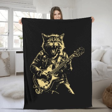 Discover Meow Cat Playing Guitar Instruments Cartoon Fleece Blankets