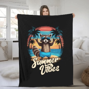 Discover Beach Caribbean Hawaii Vacation Surfer Raccoon Fleece Blankets