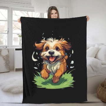 Discover running dog on the grass Fleece Blankets