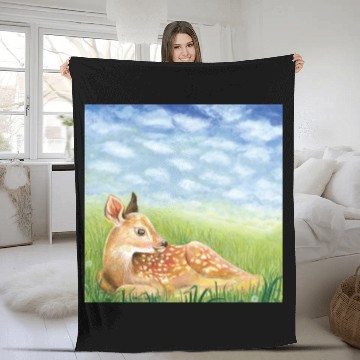 Discover Cute Little Fawn in the Grass Illustration Fleece Blankets