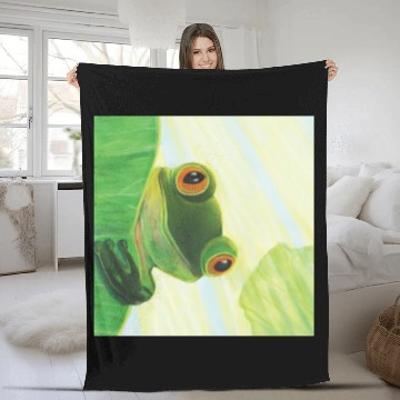 Discover Cute Green Frog Peeping out From Behind Lily Pad Fleece Blankets