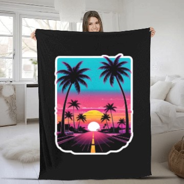Discover Lonely Road to Miami Sunset Vaporwave 80s Fleece Blankets