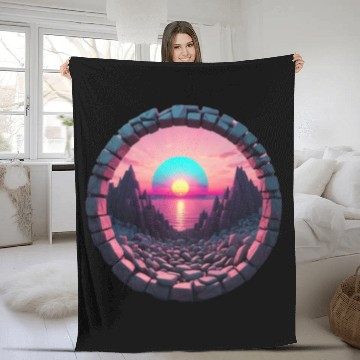 Discover Synthwave Rocky landscape with Setting Sun Fleece Blankets