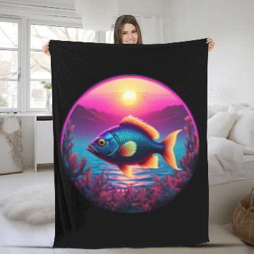 Discover Synthwave Fish and Coral and a Sunset and Ocean Fleece Blankets