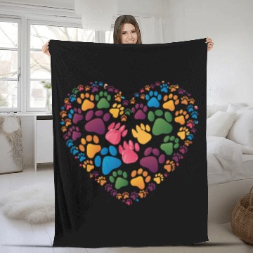 Discover Colorful Cat Paw Prints Forming a Heart Shape Fleece Blankets