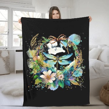 Discover One day at a time dragonfly floral Fleece Blankets