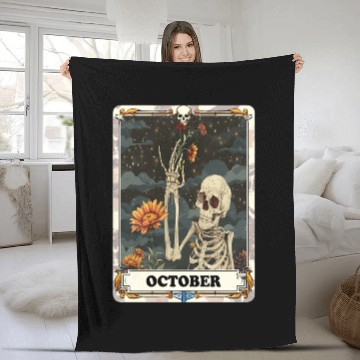 Discover October Gothic Tarot Card - Marigold Flower & Skel Fleece Blankets