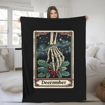 Discover December Gothic Tarot Card - Holly Flower & Skelet Fleece Blankets