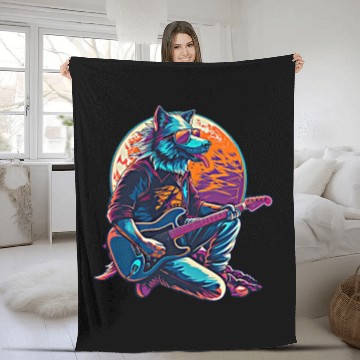 Discover Blue Wolf Moon Guitar Player Retro Sunglasses Fleece Blankets