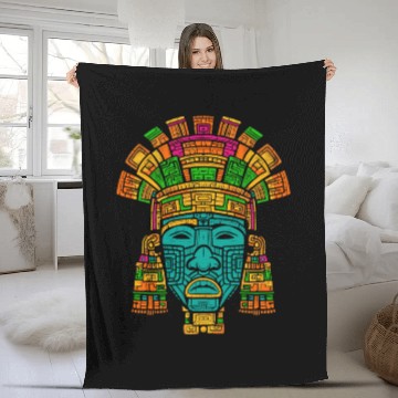 Discover Aztec God Ancient Mythology Tlaloc Mask Vibrant Fleece Blankets