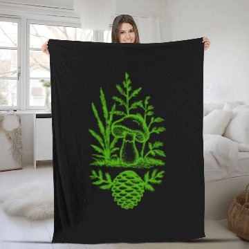 Discover Mushroom and Pine Cone Design Green Fleece Blankets