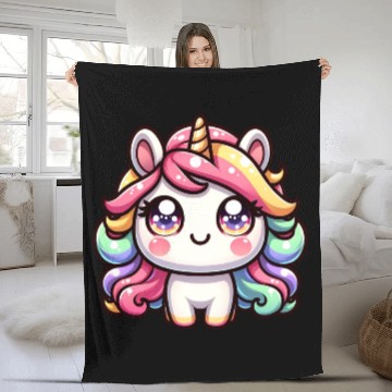 Discover Cute chibi Unicorn with colorful hair Fleece Blankets