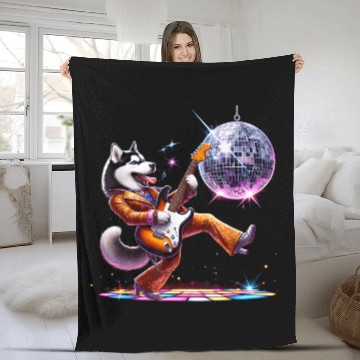 Discover Disco Guitar Husky dog Fleece Blankets