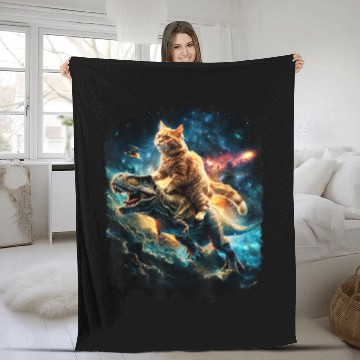 Discover Cat Riding Dinosaur Rex Fleece Blankets