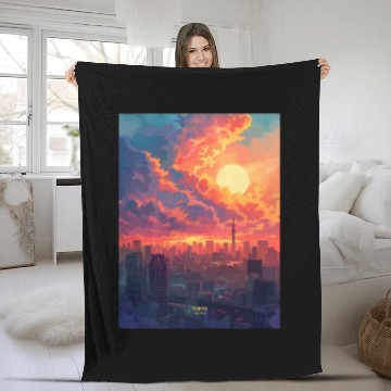Discover Beautiful Sunset in Tokyo City Japan Fleece Blankets