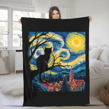 Discover Starry Night Cat Art Premium Fleece Blankets