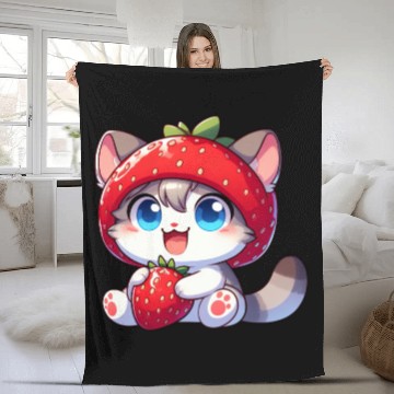 Discover Cute Cat Strawberry Fruit Hat Quirky Fleece Blankets