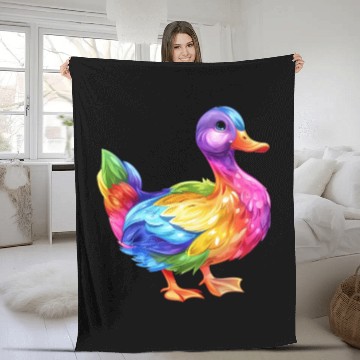 Discover Duck Rainbow Colorful Feathered Duck Illustration Fleece Blankets