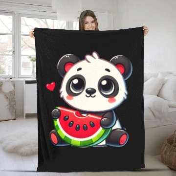Discover The cute panda enjoys a piece of watermelon Fleece Blankets