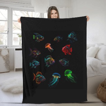 Discover Deep Sea Fishes Bass And Jellyfish Fleece Blankets