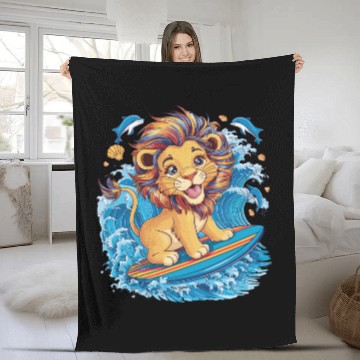 Discover Cute Surfing Lion Riding the Waves Fleece Blankets