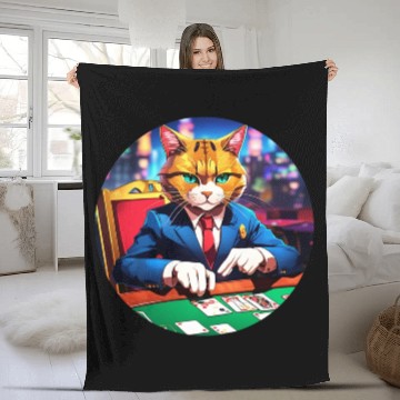Discover The Gambler Cat's Blackjack Night Fleece Blankets