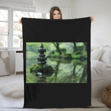 Discover Zen Stone Stack Reflected in Tranquil Pond Fleece Blankets