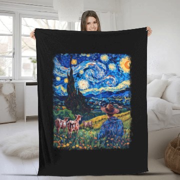 Discover Cow Farmer Farming Farm Starry Night Painting Fleece Blankets