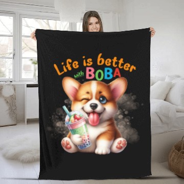 Discover Corgi with BOBA tea Milk TEA Bubble tea Fleece Blankets