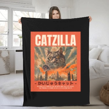 Discover Catzilla Vintage Japanese Funny Angry Cat Fleece Blankets