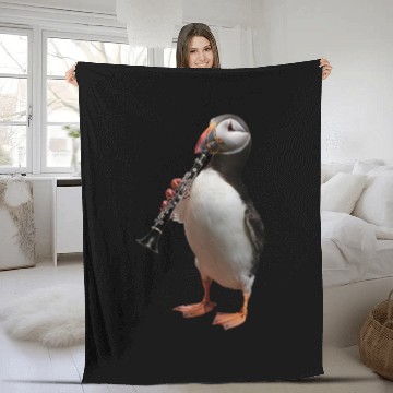 Discover Atlantic Puffin Playing Clarinet Realistic Fleece Blankets