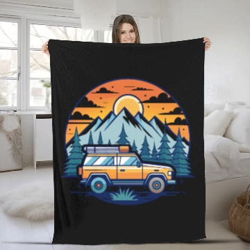 Discover Camper Van parked Lake with Mountains Fleece Blankets