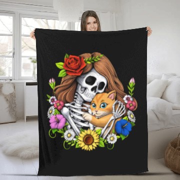 Discover Skeleton Cat Floral Fleece Blankets