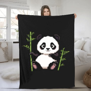 Discover A pixel art of a panda with a bamboo leaf Fleece Blankets