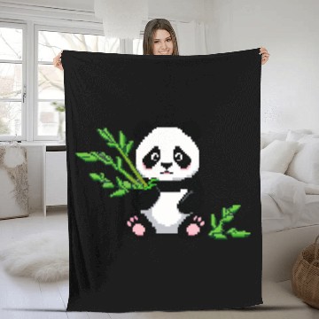 Discover A pixel art of a panda with a bamboo leaf Fleece Blankets
