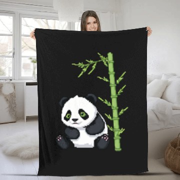 Discover A pixel art of a panda with a bamboo leaf Fleece Blankets